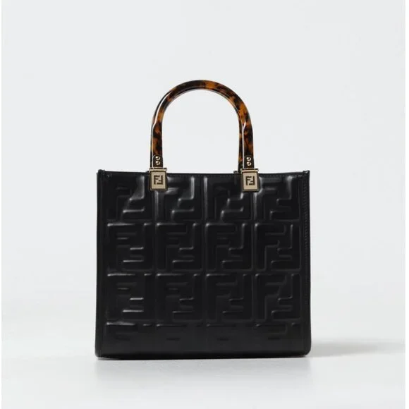 NEW Authentic Fendi Vitello Small Zucca Sunshine Tote Leather Black - Picture 1 of 13